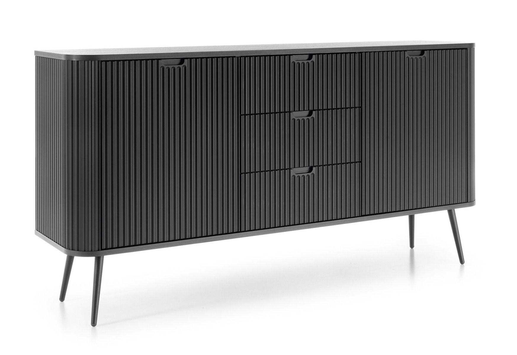 Black Makreb 09 chest of drawers with 3 drawers, 87 x 168 x 61.5 cm, black metal legs, soft close, 4 compartments, 2 doors, ABS, milled fronts