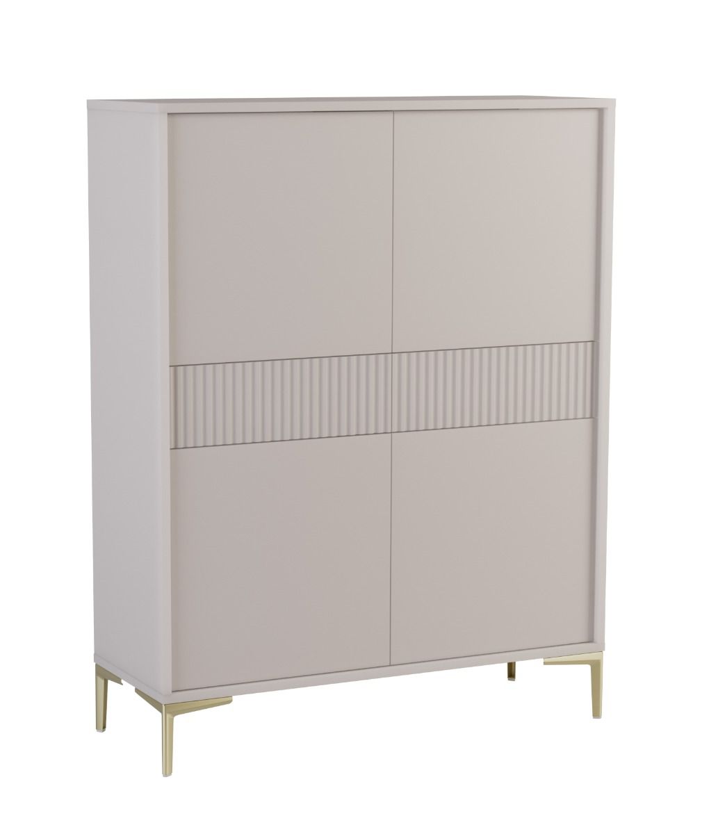 Modern chest of drawers Chabrey 06, color: beige, 133 x 103 x 38, feet made of metal in the color gold, 2 drawers with ribbed front, 8 compartments, 4 doors