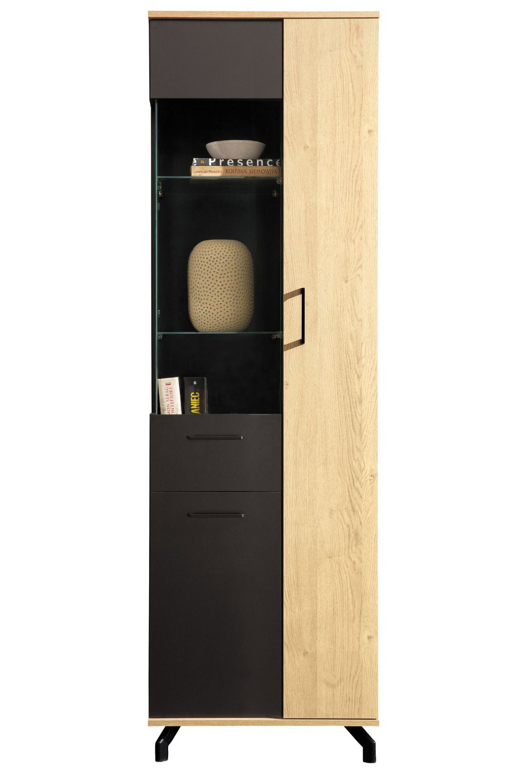 Showcase Riemst 04, Colour: Oak / Black - Measurements: 194 x 60 x 40 cm (H x W x D)