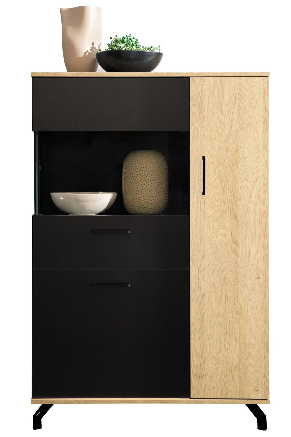 Display case Riemst 06, Colour: Oak / Black - Measurements: 134 x 90 x 40 cm (H x W x D)