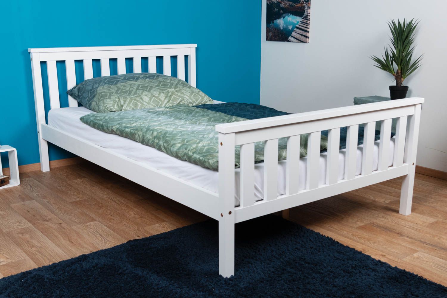 Single bed / guest bed solid pine wood white lacquered A28, incl. slatted frame - dimensions 120 x 200 cm 