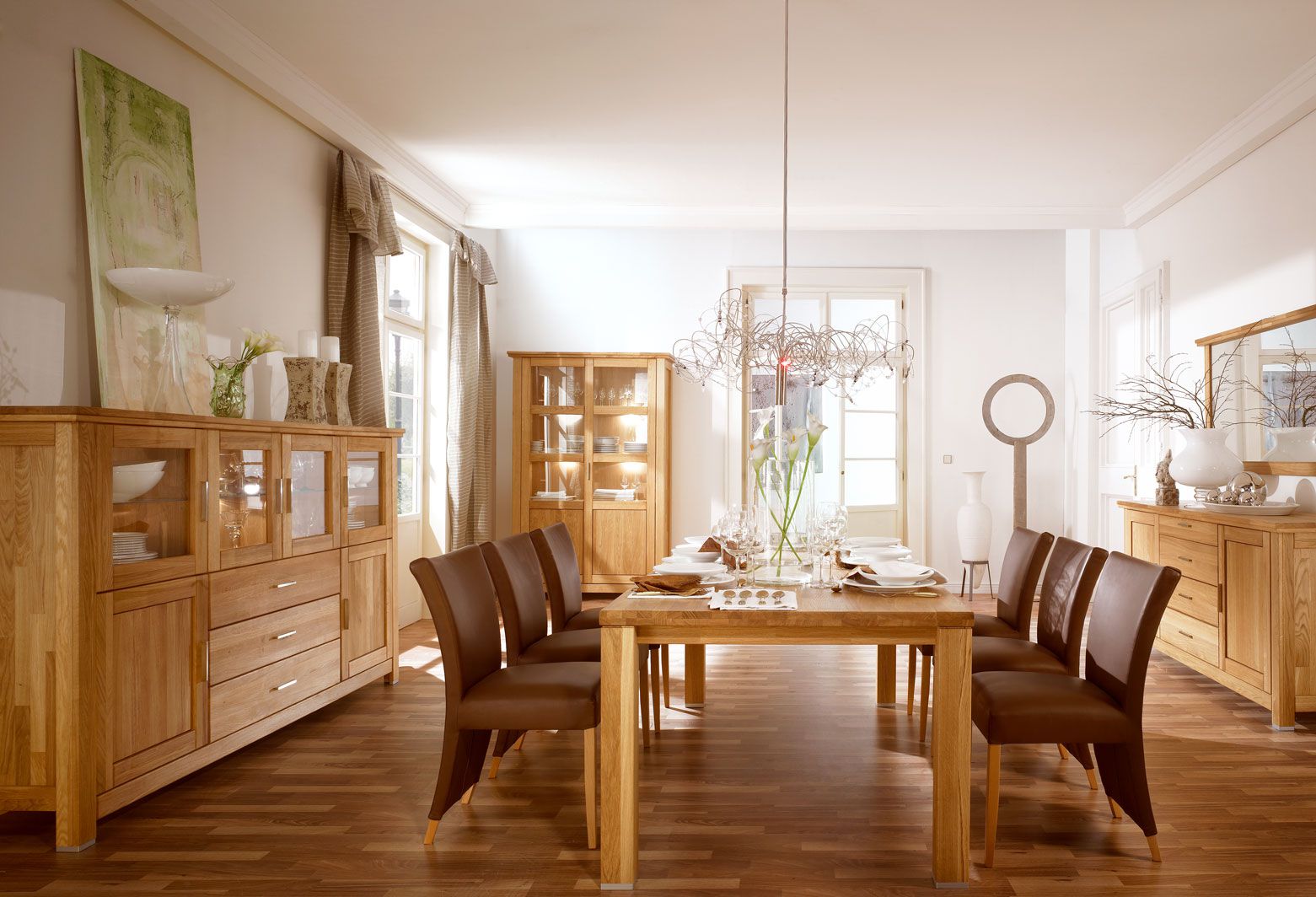 Timeless complete dining room set D Floresta, 5-piece, with lively grain, natural solid oak, oiled / waxed, with plenty of storage space