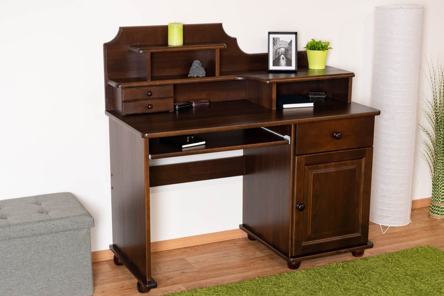 Writing desk in walnut Junco 188, solid pine, 106 x 120 x 57 cm, very spacious, with 3 drawers and 4 compartments, quick and easy to assemble