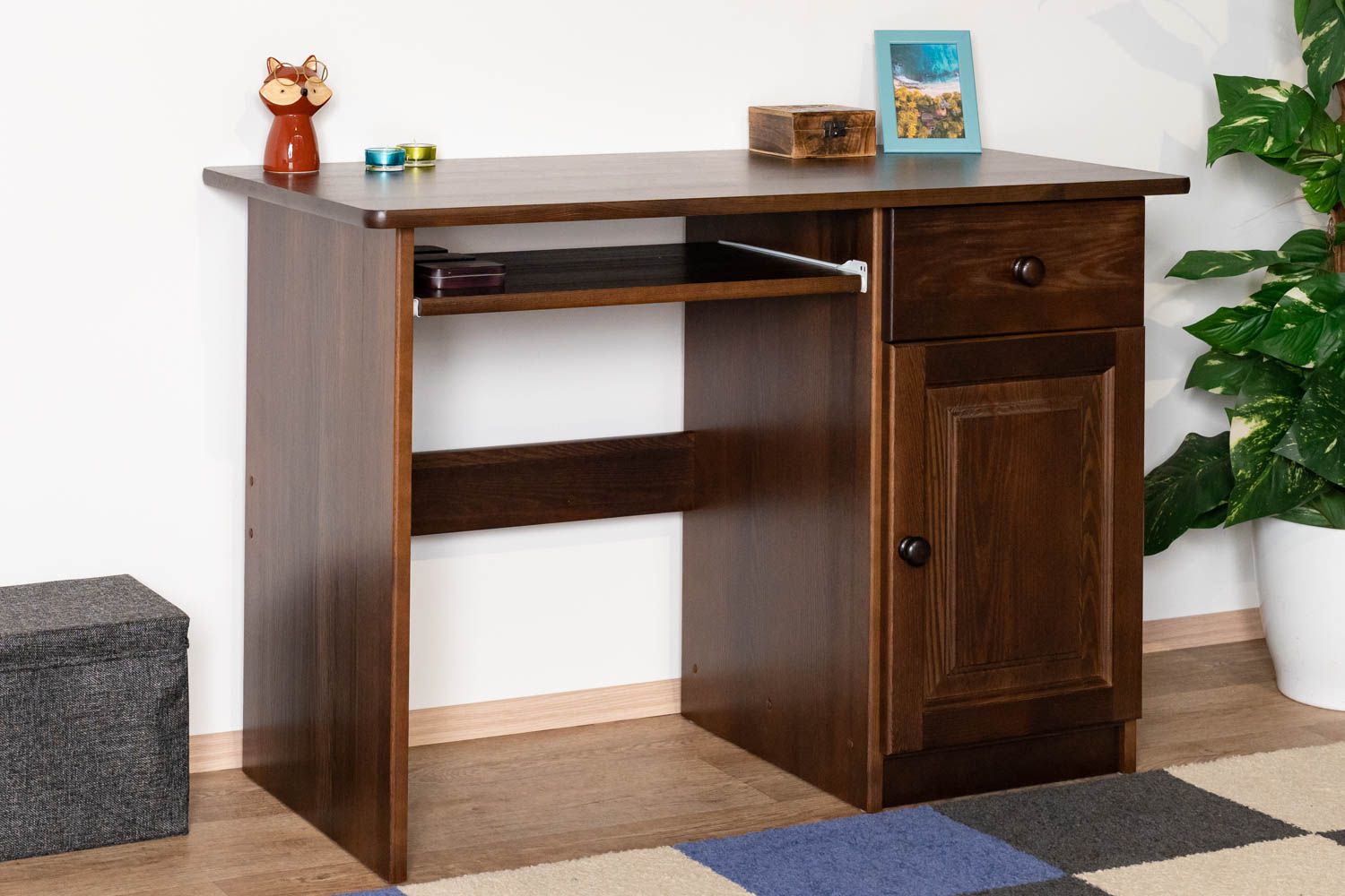 Desk solid pine walnut Junco 190, in country house style, 75 x 110 x 55 cm, with pull-out keyboard tray, two compartments, one drawer