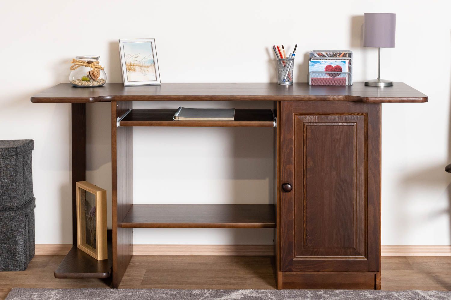 Modern desk solid pine walnut Junco 193, 75 x 145 x 57 cm, spacious and stable, with 3 compartments, pull-out keyboard tray, storage space for PC