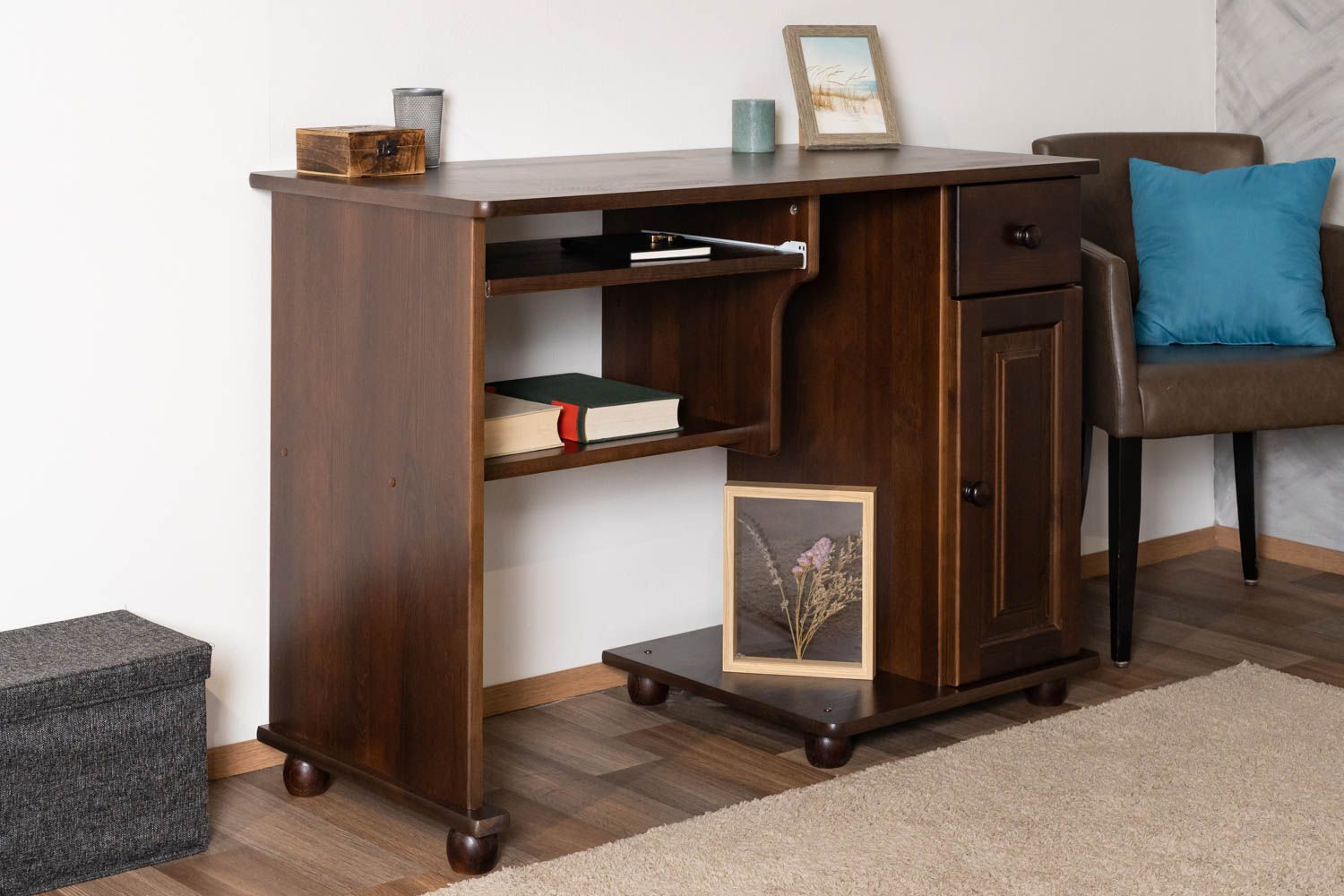 Sturdy Junco 196 desk, walnut-colored, solid pine wood, country house style, with pull-out keyboard tray, 81.50 x 115 x 55 cm, 3 compartments, 1 drawer