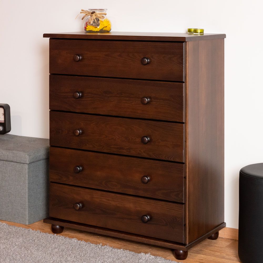 Chest of drawers in walnut Junco 136, solid pine, 100 x 80 x 42 cm, with 5 spacious drawers, quick and easy to assemble, very sturdy