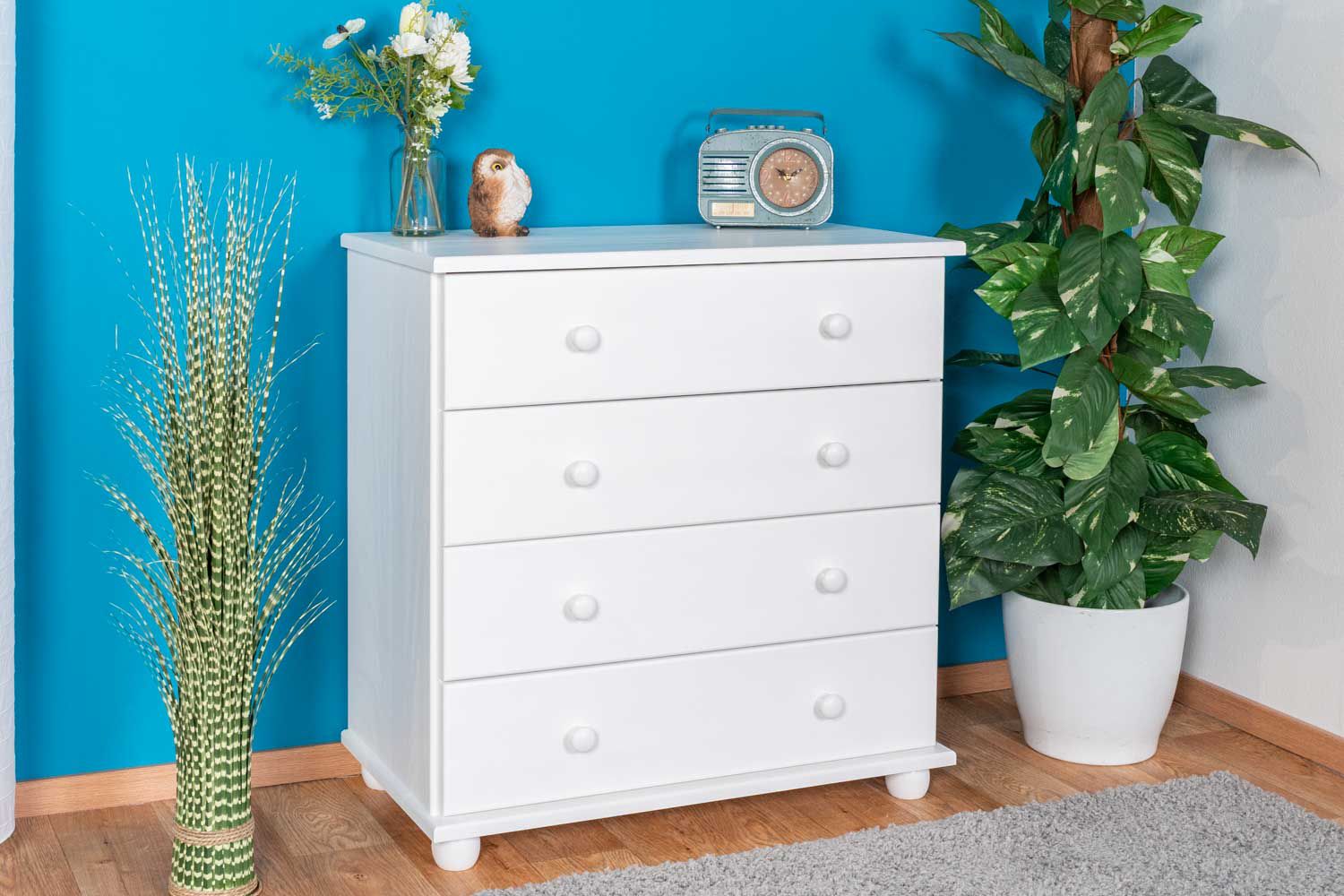 Chest of drawers solid pine solid wood white lacquered Junco 138 - Dimensions 82 x 80 x 42 cm