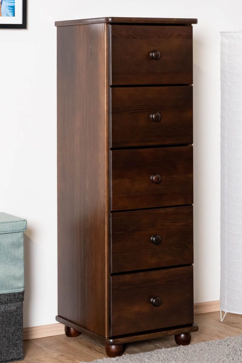 Sturdy chest of drawers made of solid pine walnut Junco 142, modern and simple design, 123 x 40 x 42 cm, with five drawers