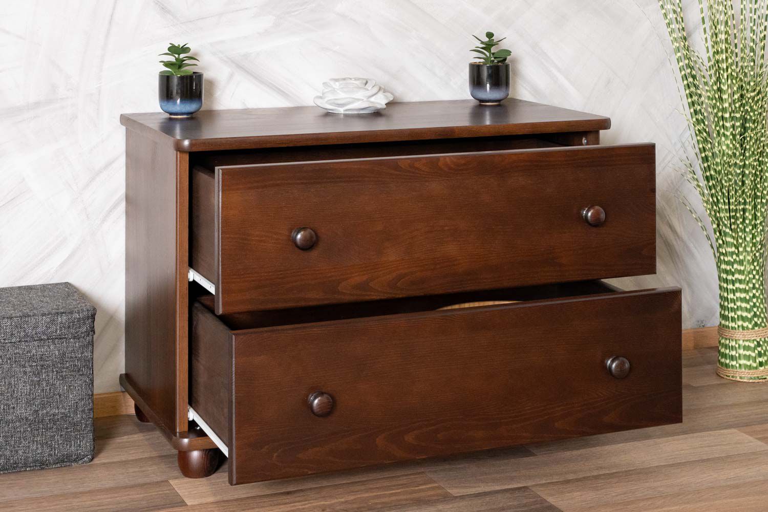 Low modern chest of drawers Junco 152, solid pine wood, walnut color, 55 x 80 x 42 cm, wide bedside chest with 2 drawers, durable and spacious