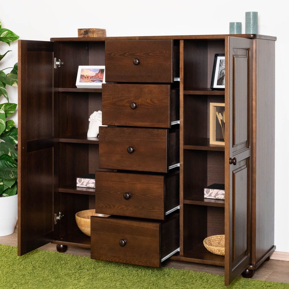 Chest of drawers in walnut-colored solid pine Junco 158, with 8 compartments and 5 drawers, 123 x 121 x 42 cm, with plenty of storage space