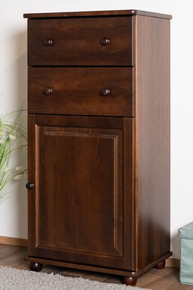 Narrow chest of drawers with two drawers made of solid pine, walnut-colored Junco 161, with two compartments, 123 x 60 x 42 cm, very robust