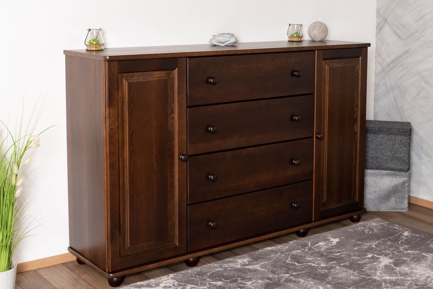 Modern chest of drawers in walnut Junco 162, solid pine wood, , 100 x 160 x 42 cm, very spacious, with 4 drawers and 6 compartments, robust and stable