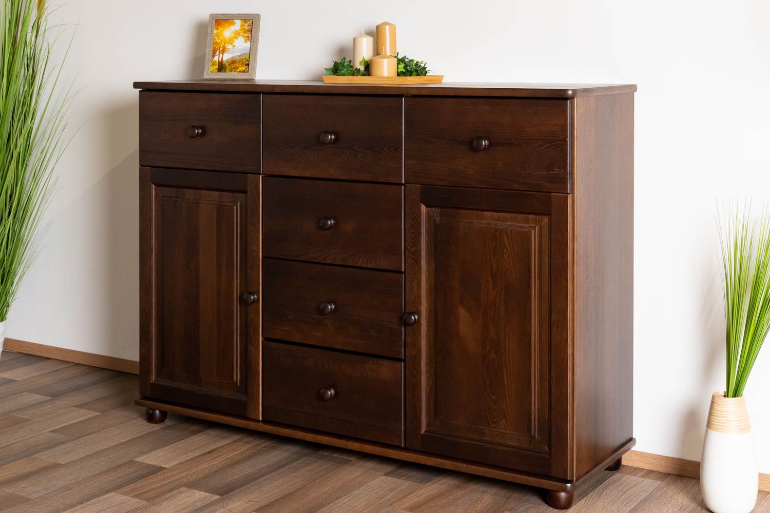 Classic chest of drawers made of solid wood Junco 163, pine, walnut color, 100 x 140 x 42 cm, with 6 drawers and 4 compartments, quick and easy assembly