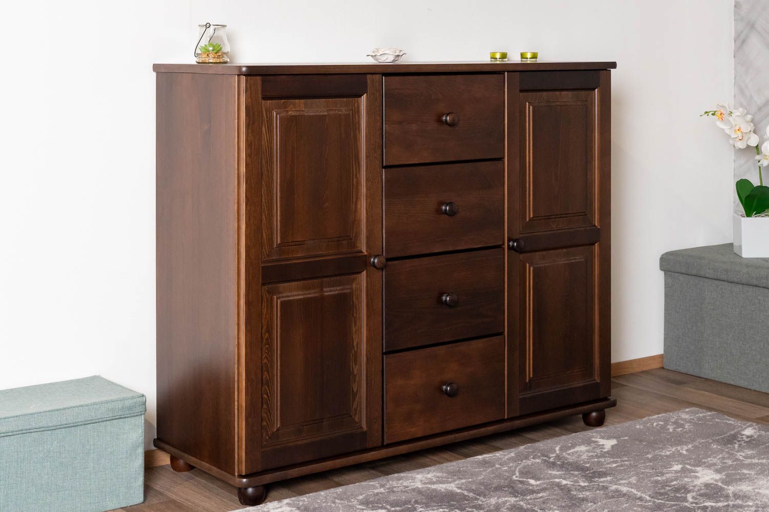 Chest of drawers with lots of storage space solid pine walnut Junco 164, with six compartments, 100 x 121 x 41 cm, with four spacious drawers