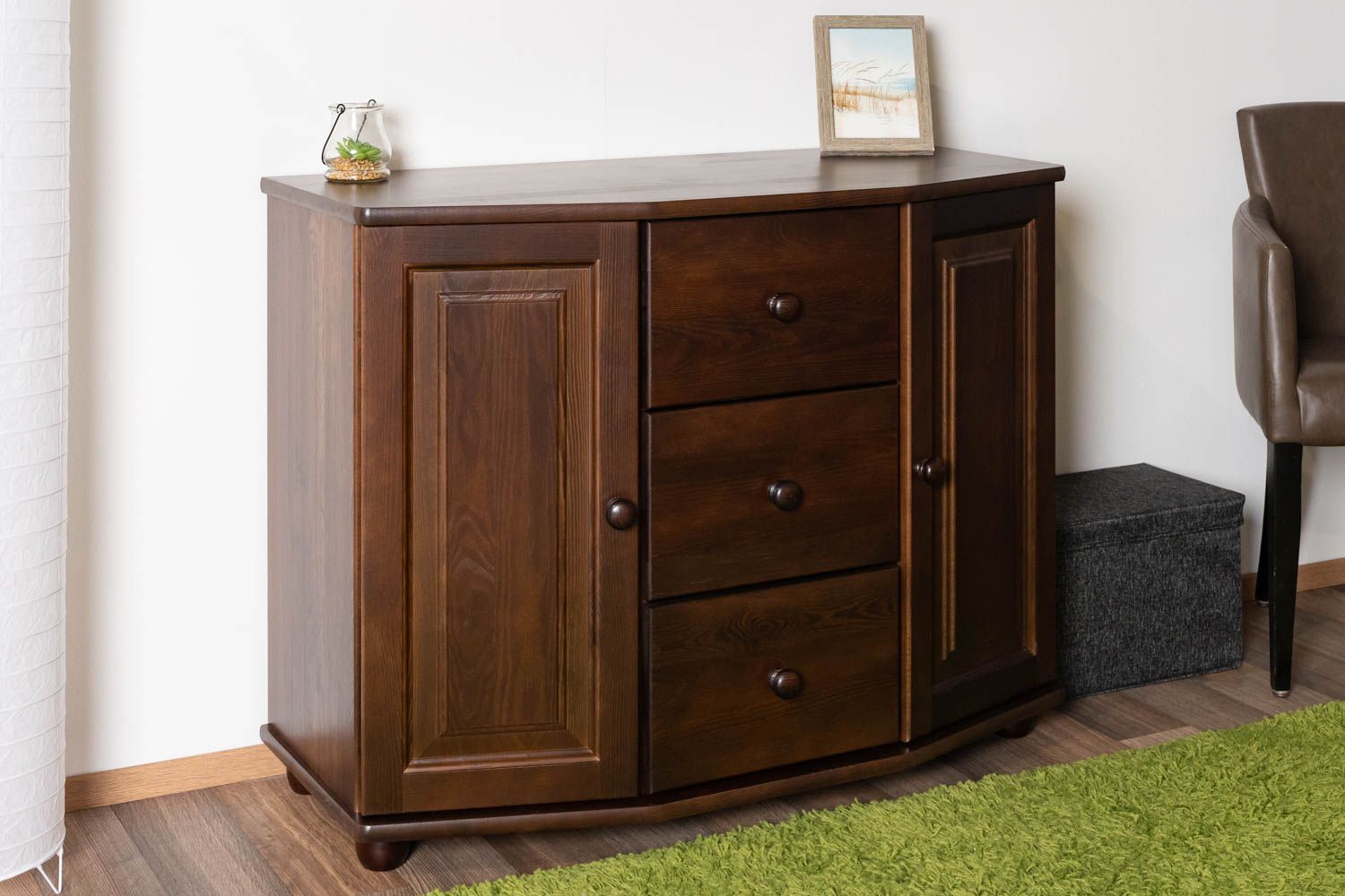 Practical chest of drawers with 3 drawers and 4 compartments Junco 171, solid pine, walnut-colored, 78 x 100 x 47 cm, easy assembly, quick to assemble