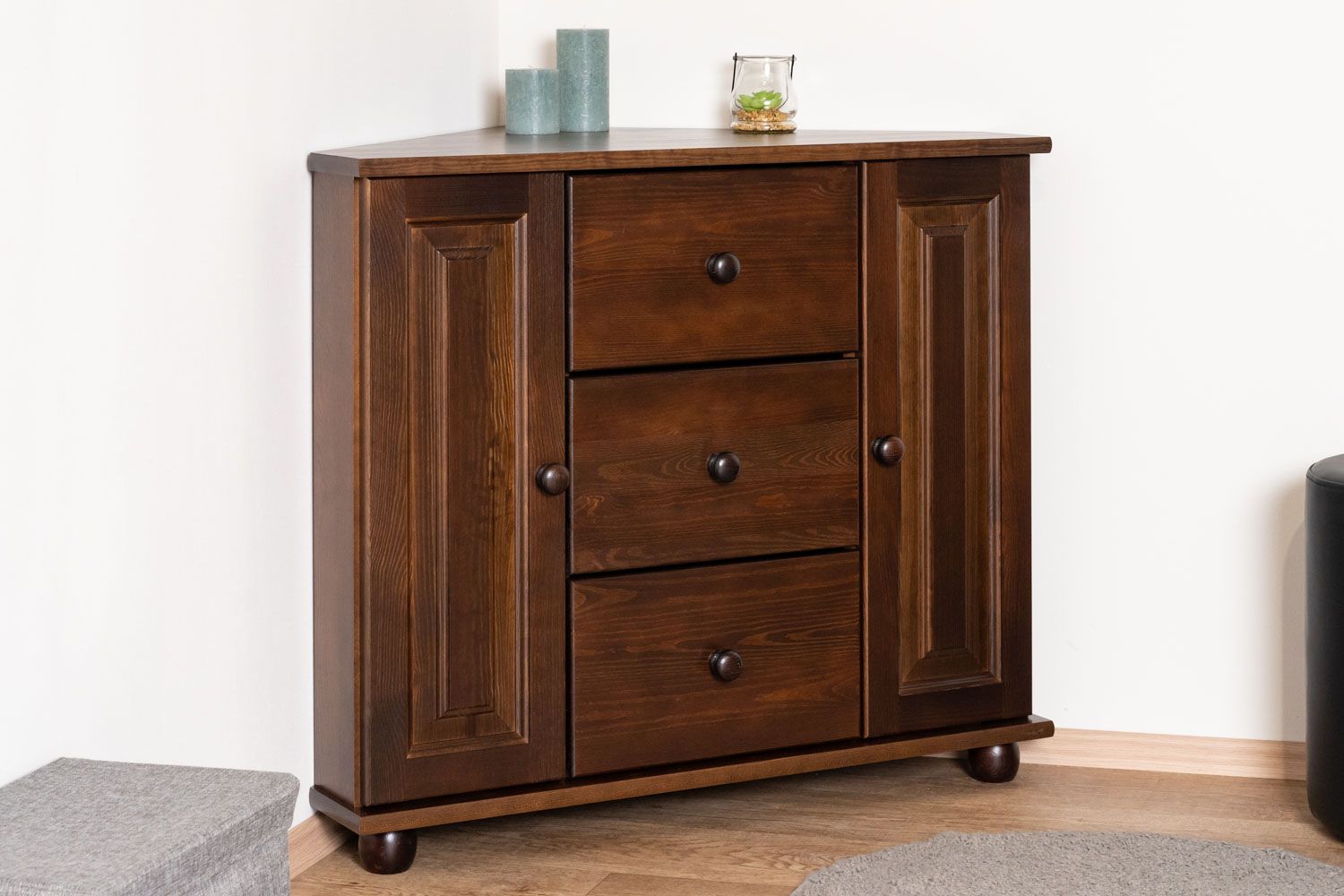 Sturdy corner chest of drawers Junco 177, chest of drawers with 3 drawers and 4 compartments, made of solid pine in walnut color, 77 x 90 x 59 cm, durable and robust