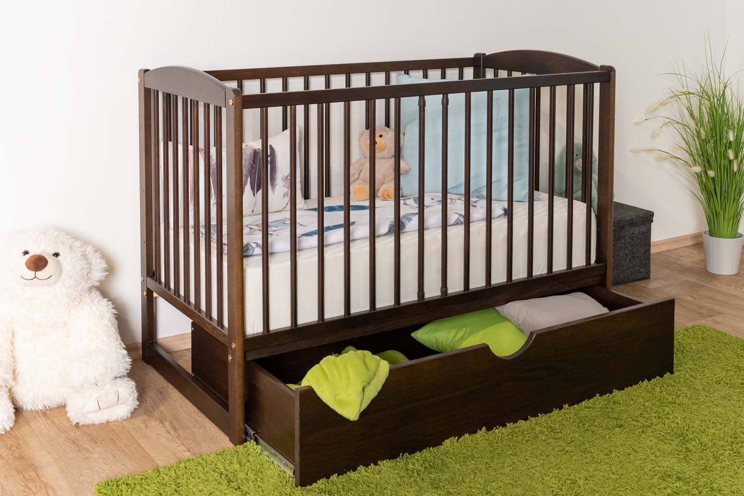 Simple crib / crib solid pine walnut 102, 60 x 120 cm, incl. slatted frame, incl. drawer, with three height-adjustable steps
