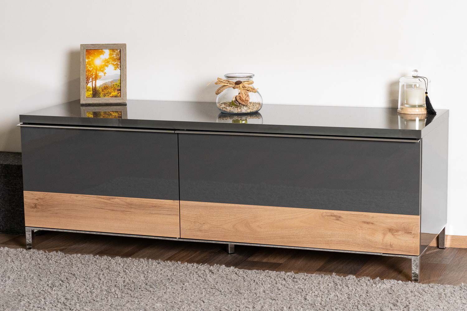 TV cabinet Vaitele 20, color: anthracite high gloss / walnut - 46 x 132 x 45 cm (H x W x D)