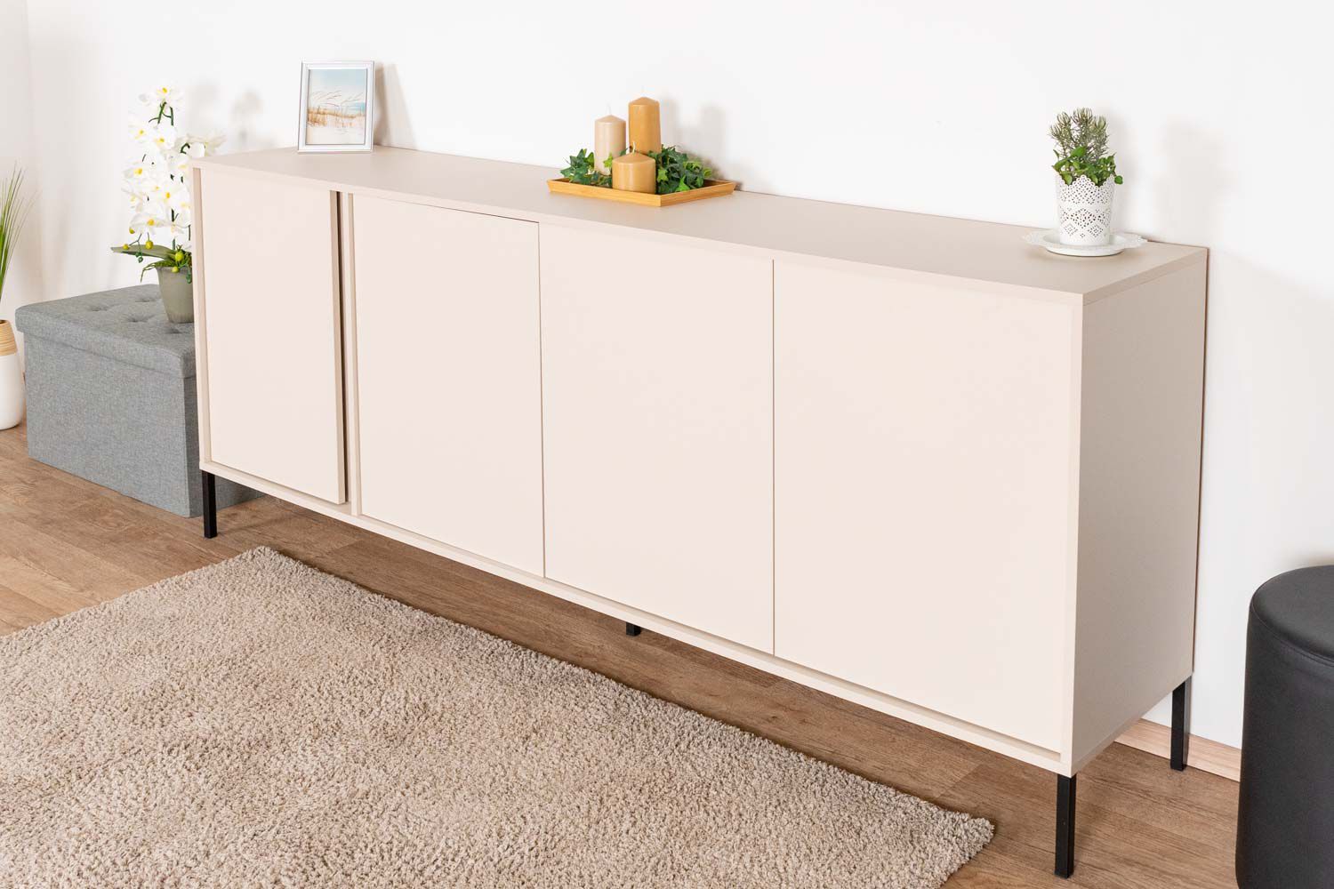 Long chest of drawers with ample storage space Zaghouan 08, color: Beige - Dimensions: 81.5 x 202.9 x 39.5 cm (H x W x D)