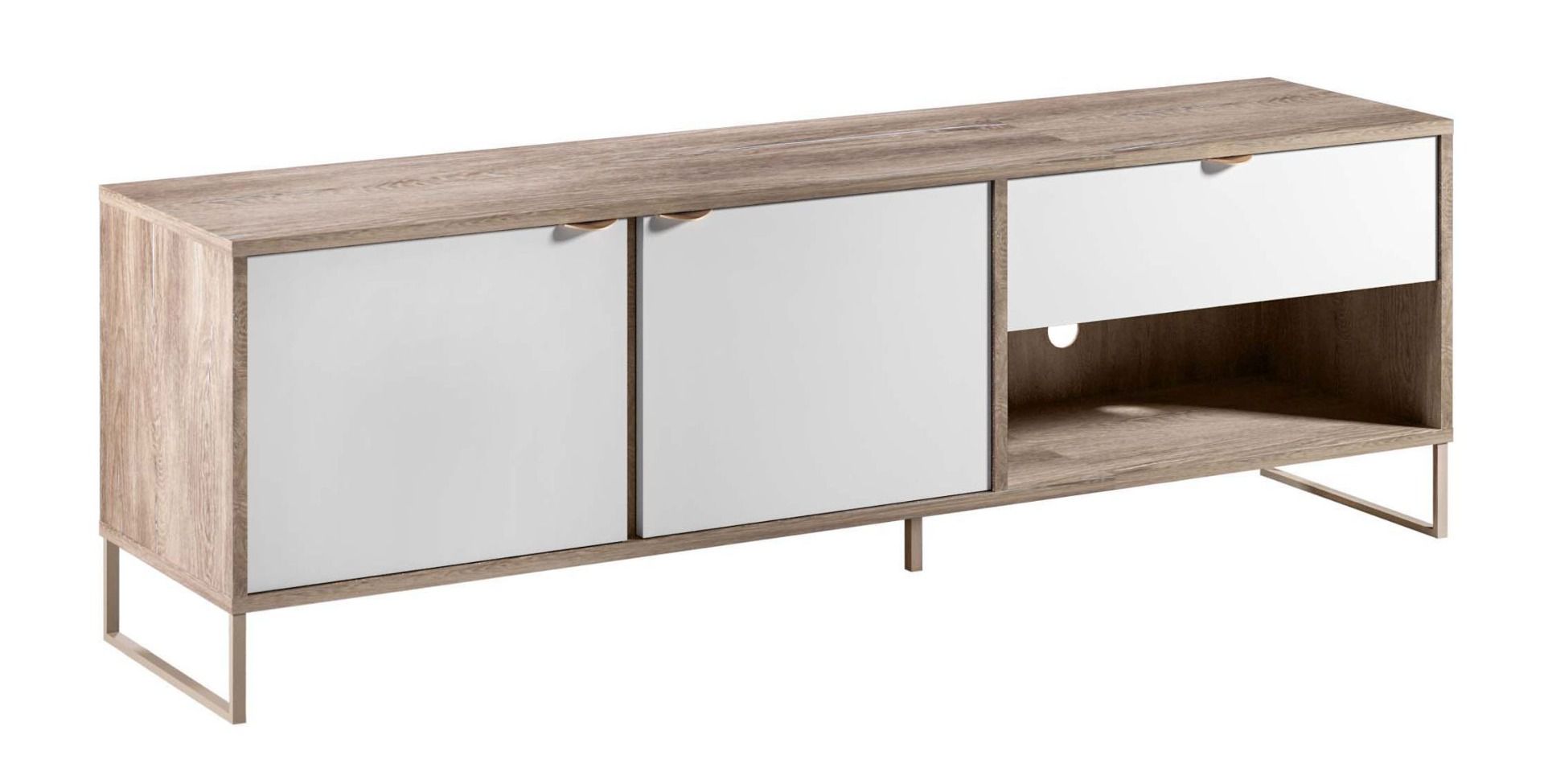 TV cabinet Albondon 07, color: oak / white gloss - Dimensions: 54 x 173 x 40 cm (H x W x D)