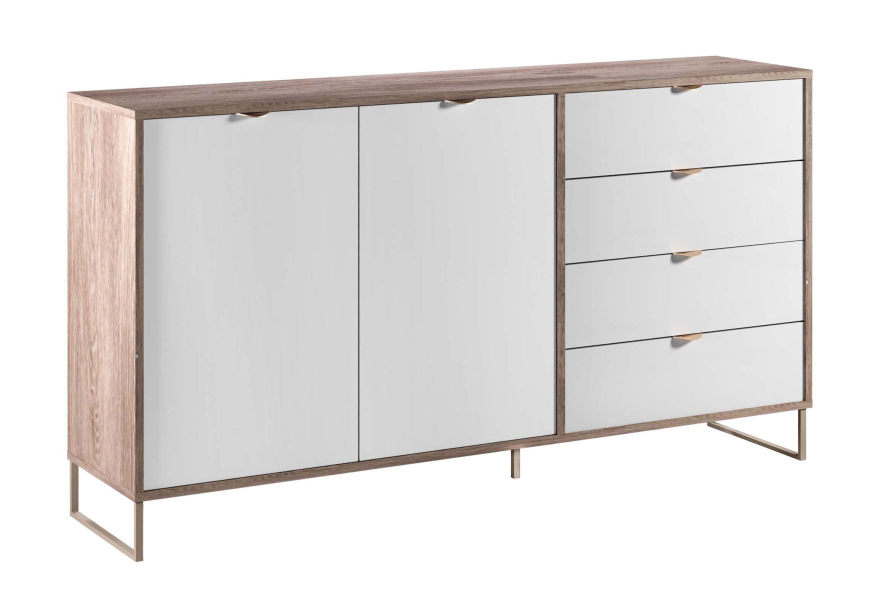 Albondon 05 chest of drawers, color: oak / white gloss - Dimensions: 93 x 173 x 40 cm (H x W x D)