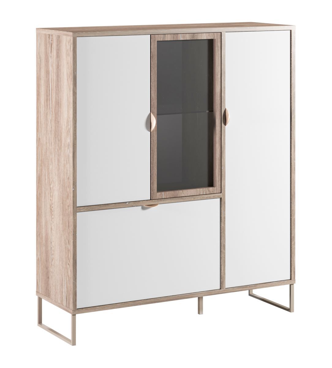 Albondon 08 display cabinet, color: oak / white gloss - Dimensions: 123 x 106 x 35 cm (H x W x D)