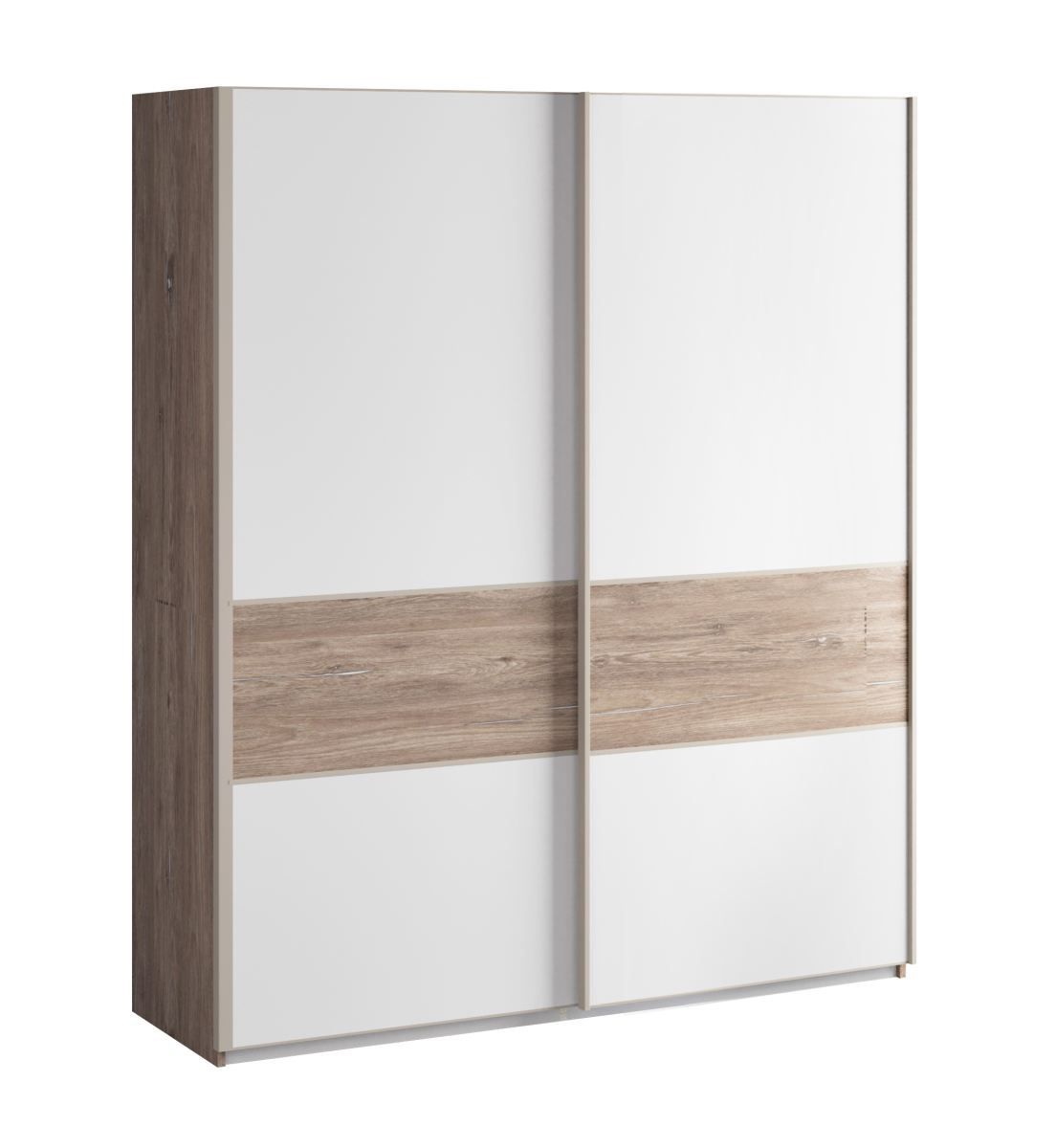 Sliding door wardrobe / closet Albondon 01, color: oak / white gloss - dimensions: 222 x 179 x 64 cm (H x W x D)