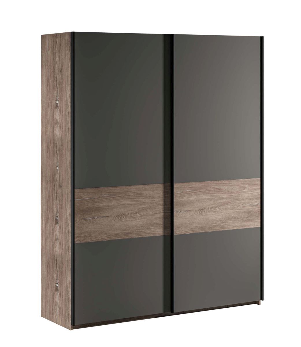 Sliding door wardrobe / closet Albondon 01, color: oak / anthracite - dimensions: 222 x 179 x 64 cm (H x W x D)