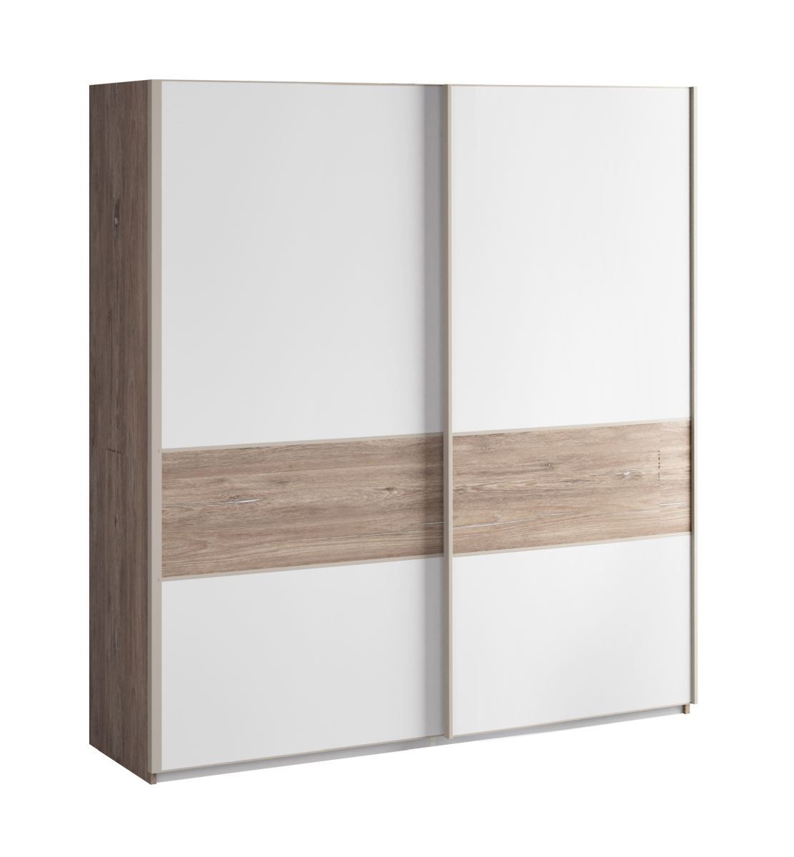 Sliding door wardrobe / closet Albondon 02, color: oak / white gloss - dimensions: 222 x 229 x 64 cm (H x W x D)