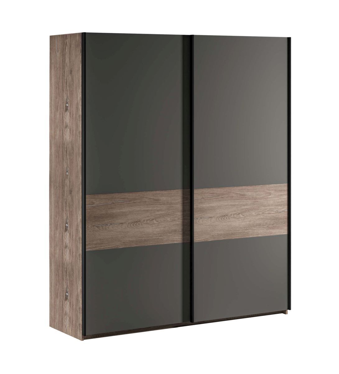 Sliding door wardrobe / closet Albondon 02, color: oak / anthracite - dimensions: 222 x 229 x 64 cm (H x W x D)