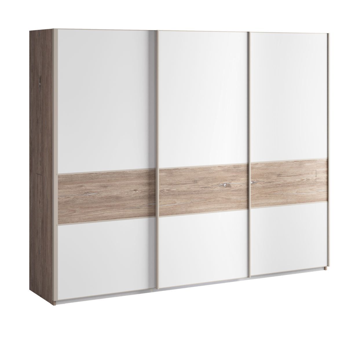 Sliding door wardrobe / closet Albondon 03, color: oak / white gloss - dimensions: 222 x 269 x 64 cm (H x W x D)