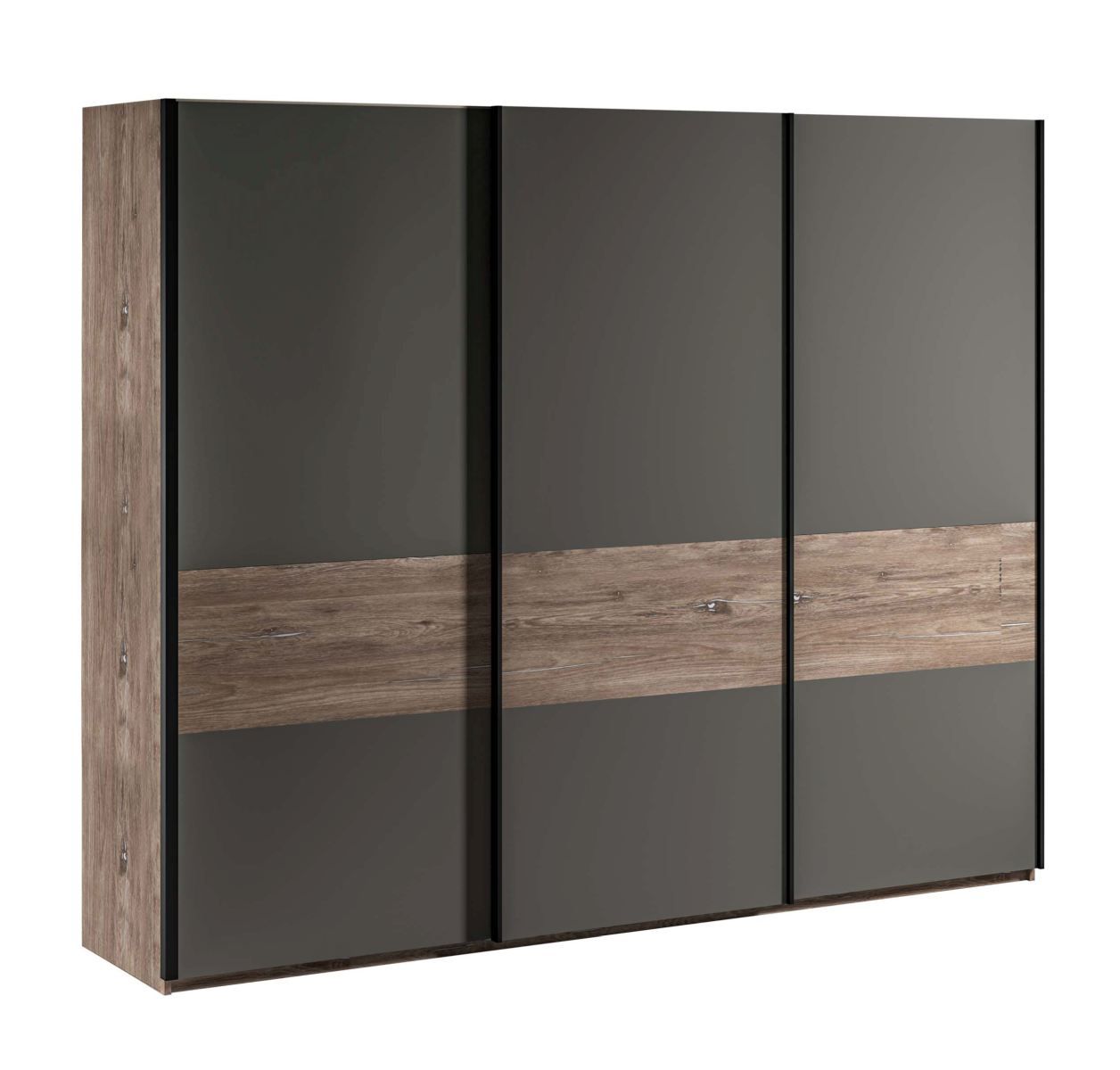 Sliding door wardrobe / closet Albondon 03, color: oak / anthracite - dimensions: 222 x 269 x 64 cm (H x W x D)