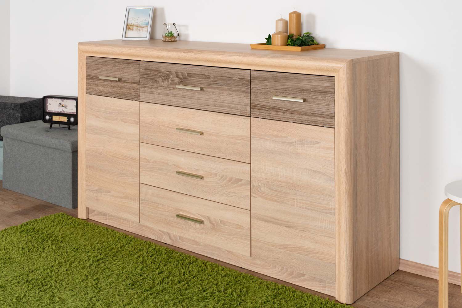 Chest of drawers Mesquite 08, Colour: Sonoma Oak Light / Sonoma Oak Truffle - Measurements: 91 x 165 x 40 cm (H x W x D), with 2 doors, 4 drawers and 4 compartments