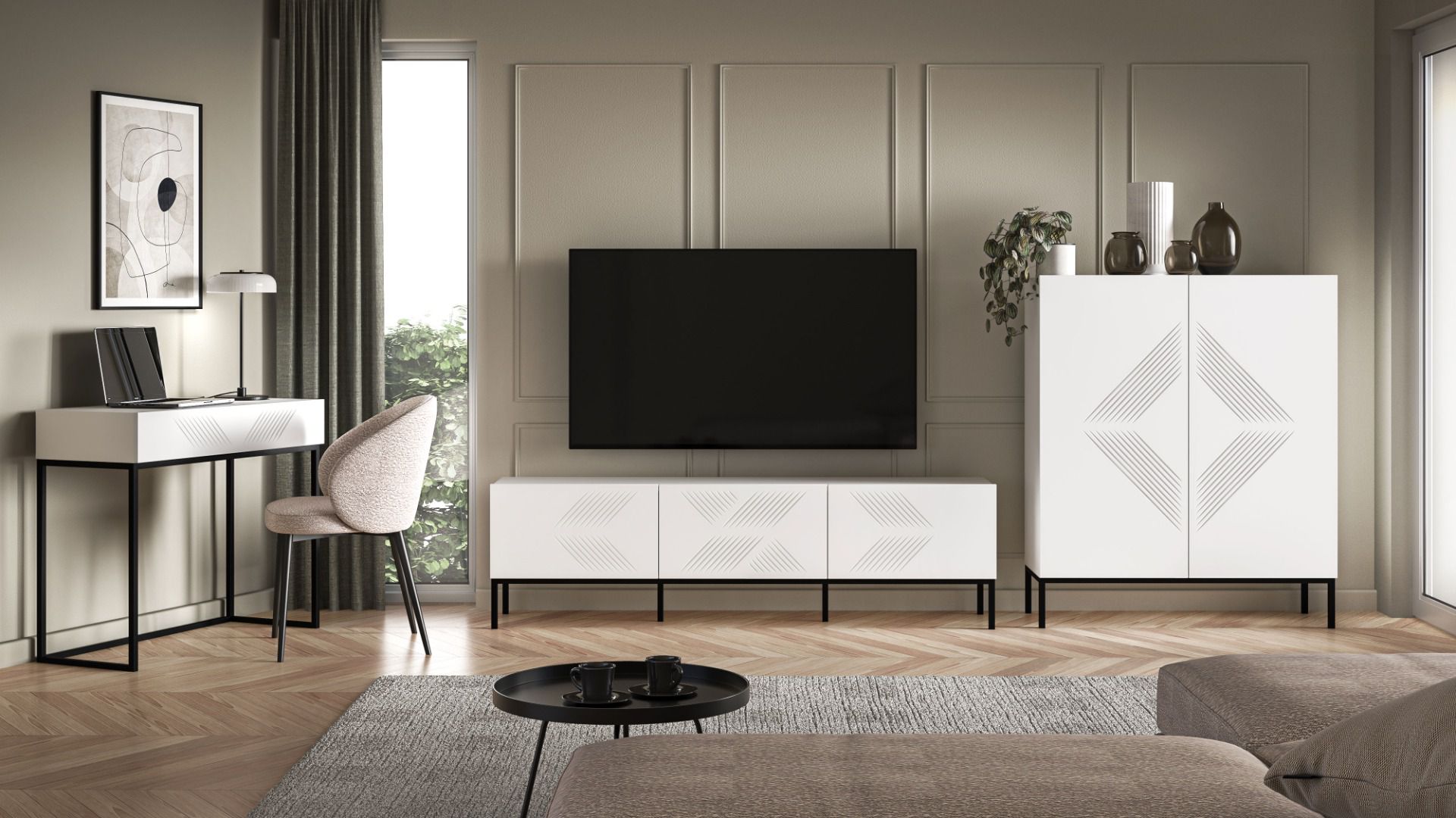 Modern living room set A Tacos, with soft-close system, 3-piece, color: white matt, legs: black, push-to-open function