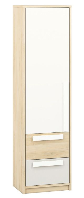 Children's room - Wardrobe Greeley 04, Colour: Beech / White / Grey Light - Measurements: 199 x 54 x 40 cm (h x w x d), with 1 door, 2 drawers and 4 compartments