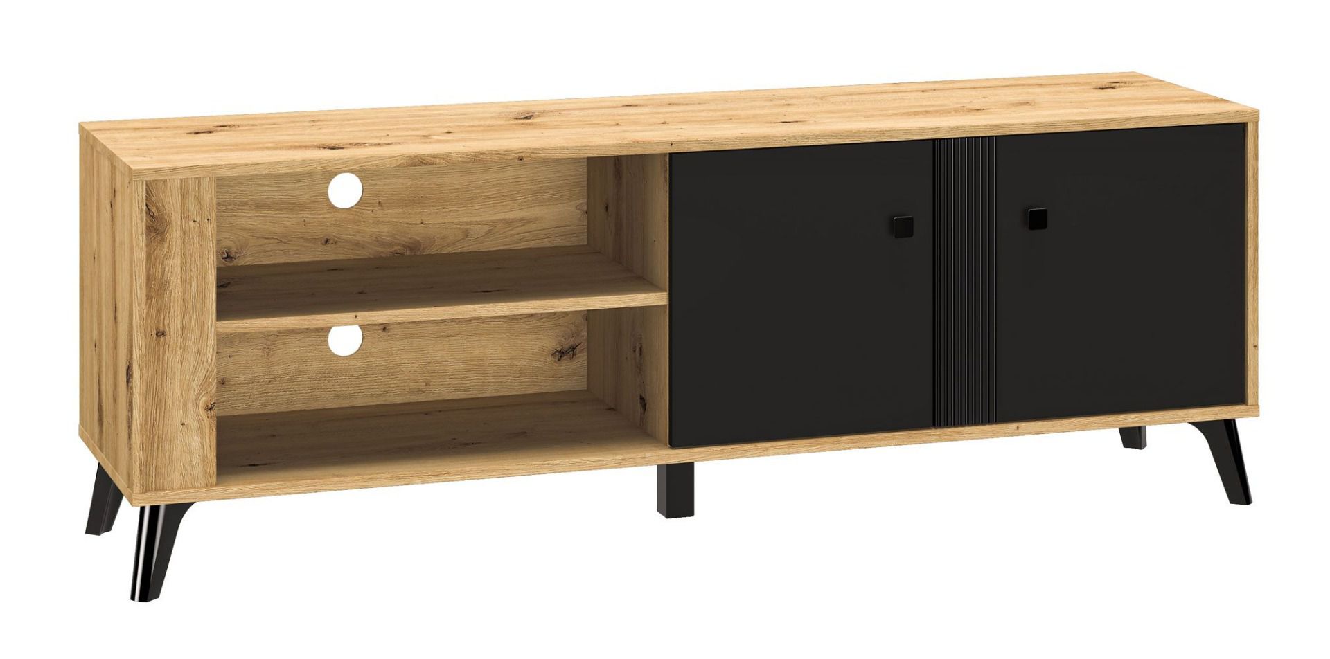 TV base cabinet Lassila 06, Colour: oak Artisan / black - measurements: 54 x 155 x 40 cm (H x W x D), with two doors and four compartments.