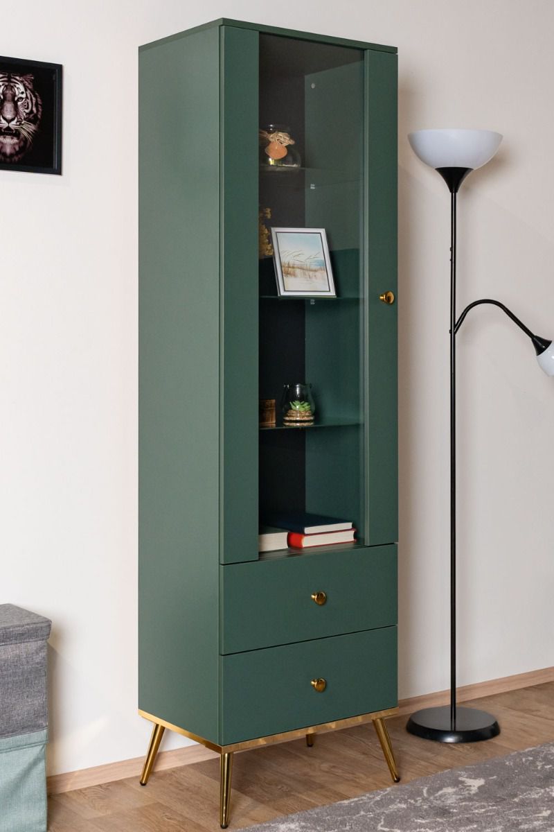 Display case Inari 01, Colour: forest green - measurements: 190 x 55 x 40 cm (H x W x D), with 1 door, 2 drawers and 4 shelves