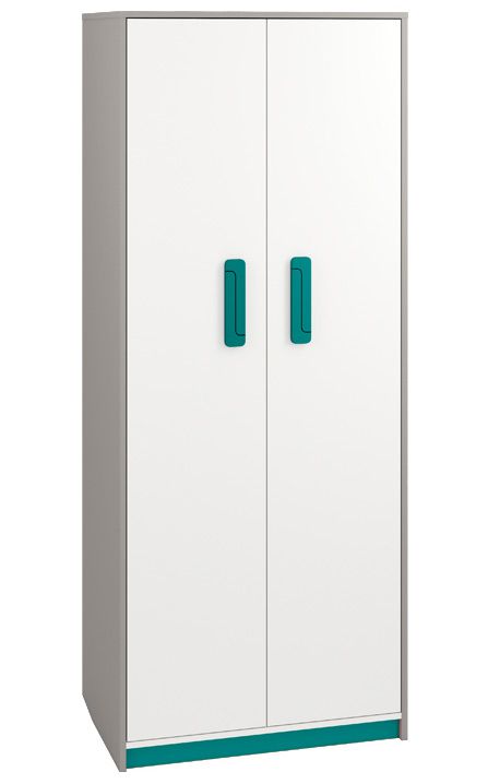 Children's room - Hinged door cabinet / Wardrobe Renton 02, Colour: Platinum Grey / White / Blue Green - Measurements: 199 x 80 x 52 cm (h x w x d), with 2 doors and 7 compartments