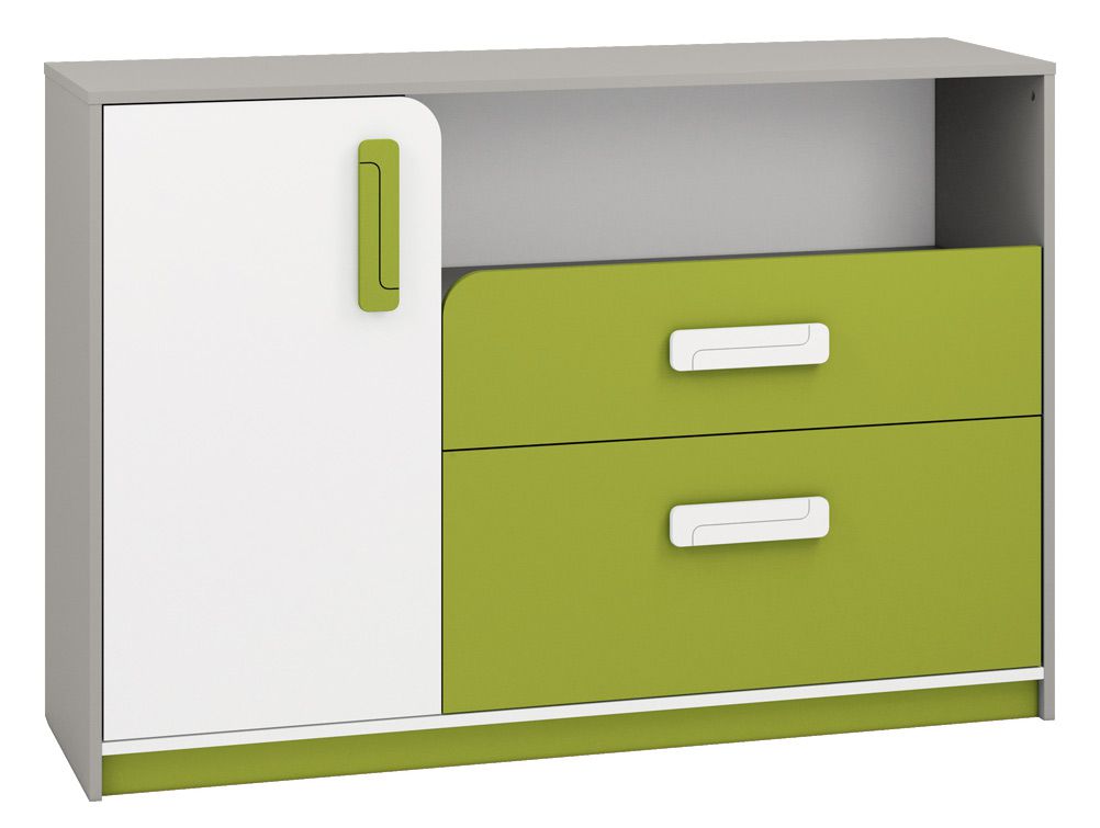 Children's room - Chest of drawers Renton 09, Colour: Platinum Grey / White / Green - Measurements: 94 x 138 x 40 cm (H x W x D), with 1 door, 2 drawers and 4 compartments