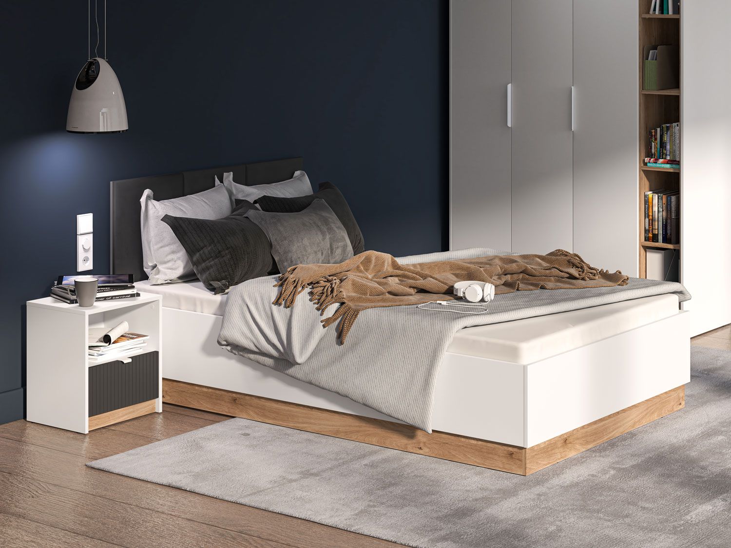 Modern youth room / guest room - set C Mackinac, 3-piece, color: white / oak / graphite matt, made of high-quality material, with soft-close system, handles: Metal, ABS edge protection