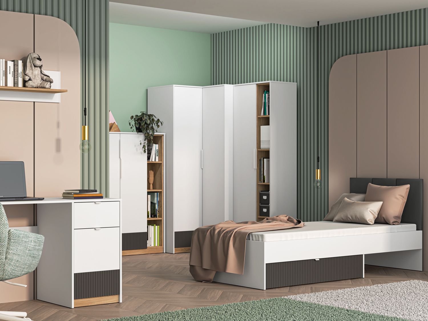 Youth room / guest room - Set E Mackinac, color: white / oak / graphite matt, with sufficient storage space, 6-piece, ABS edge protection, with soft-close system, handles: Metal