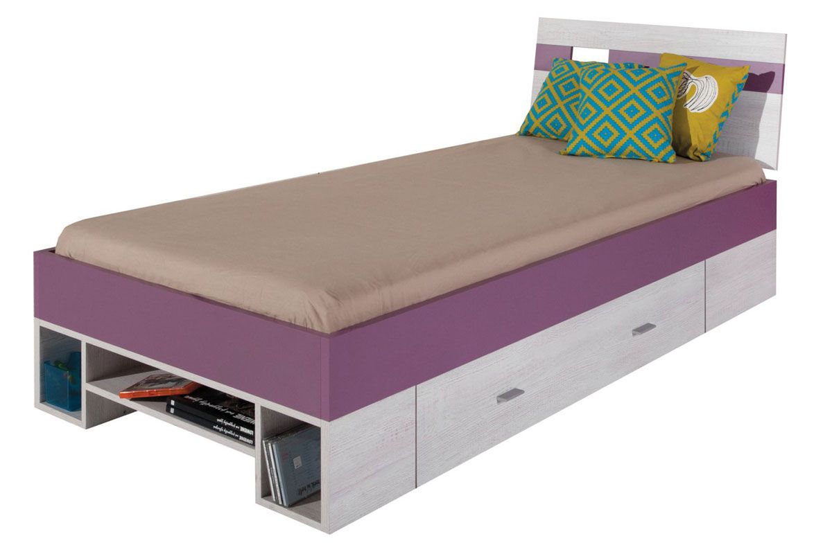 Teen / kid bed "Emilian" 19, Pine bleached / Purple - Measurements: 90 x 200 cm