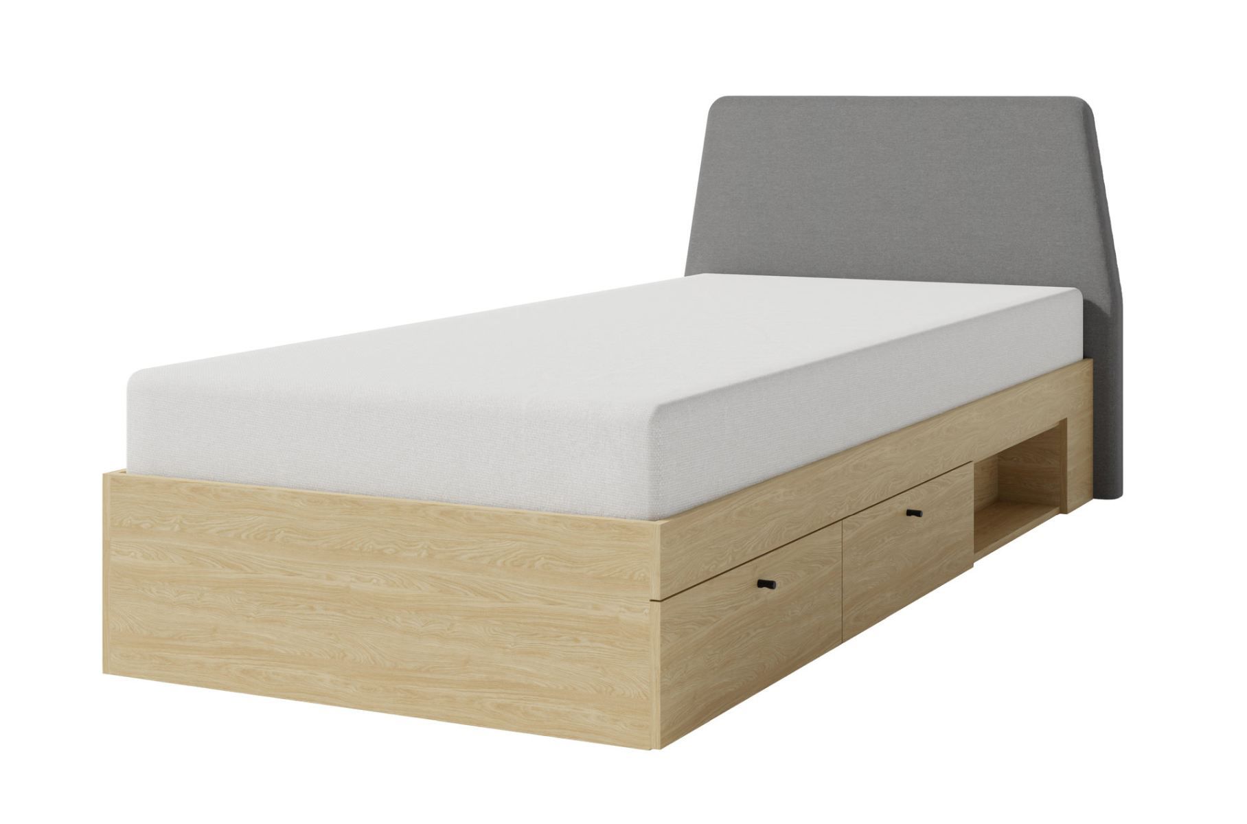 Single bed with 2 drawers Sampont 12, light oak, lying surface 90 x 200 cm, ABS edges, comfortable guest bed, perforated panel serves as slatted frame