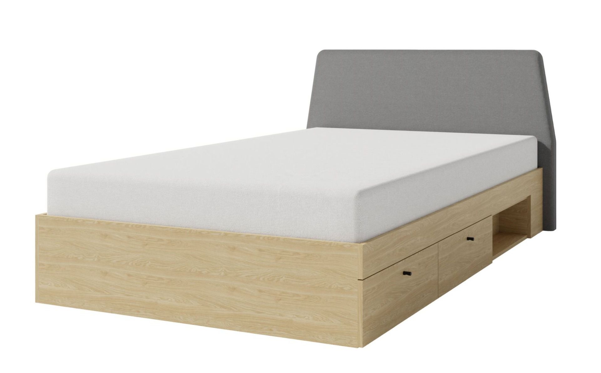 Modern single bed with 2 drawers Sampont 13, light oak, lying surface 120 x 200 cm, ABS edges, comfortable guest bed, perforated panel serves as slatted frame