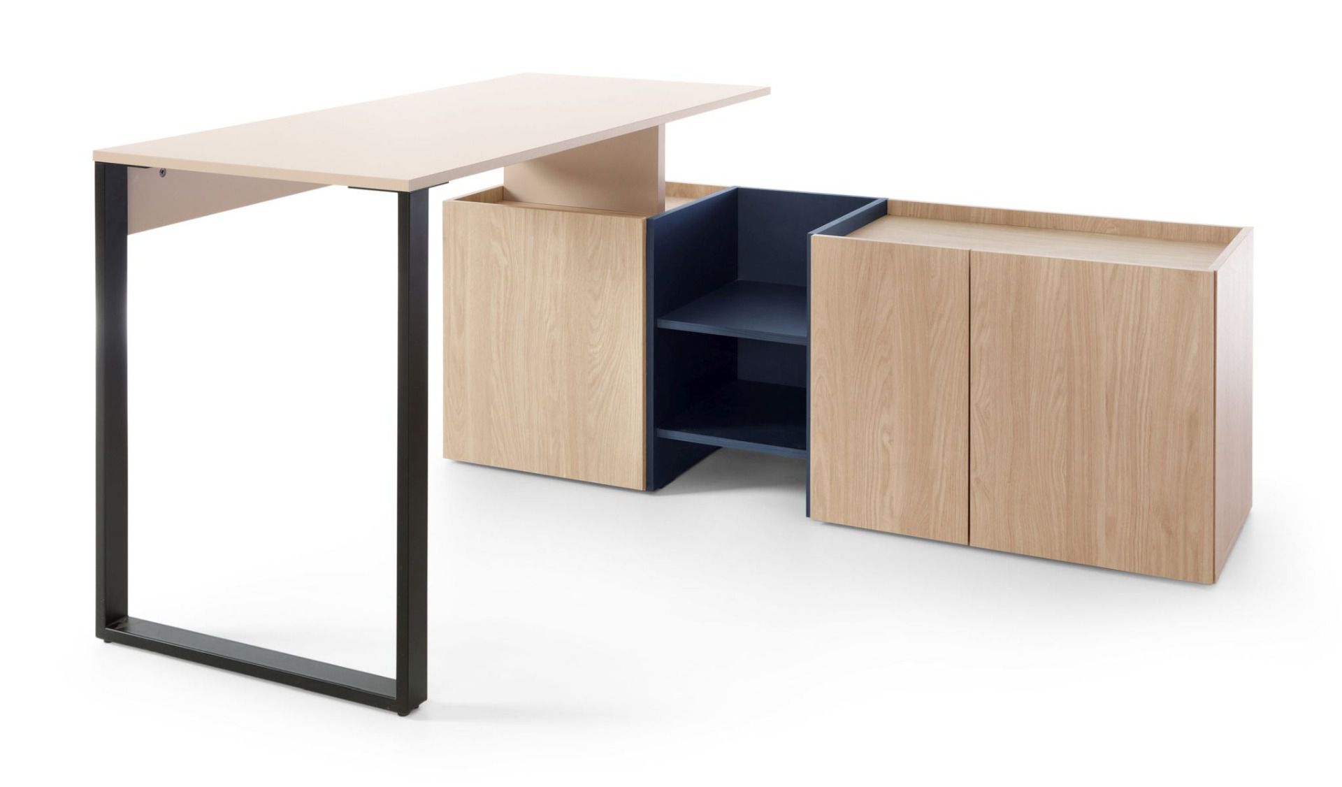 Authie 08 desk with chest of drawers, beige / light oak / dark blue, 75 x 145 x 135 cm, with 3 compartments, corner desk, ABS edges, plenty of storage space