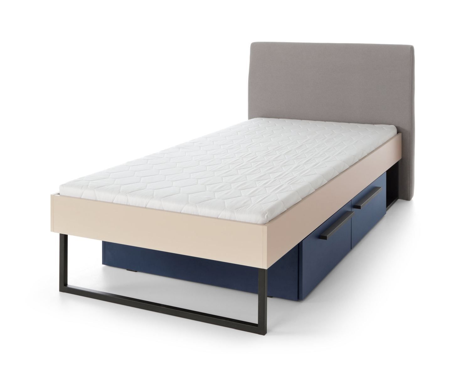 Authie 12 single bed with 2 drawers, beige / dark blue, lying surface 90 x 200 cm, ABS edges, comfortable guest bed, perforated panel serves as slatted frame