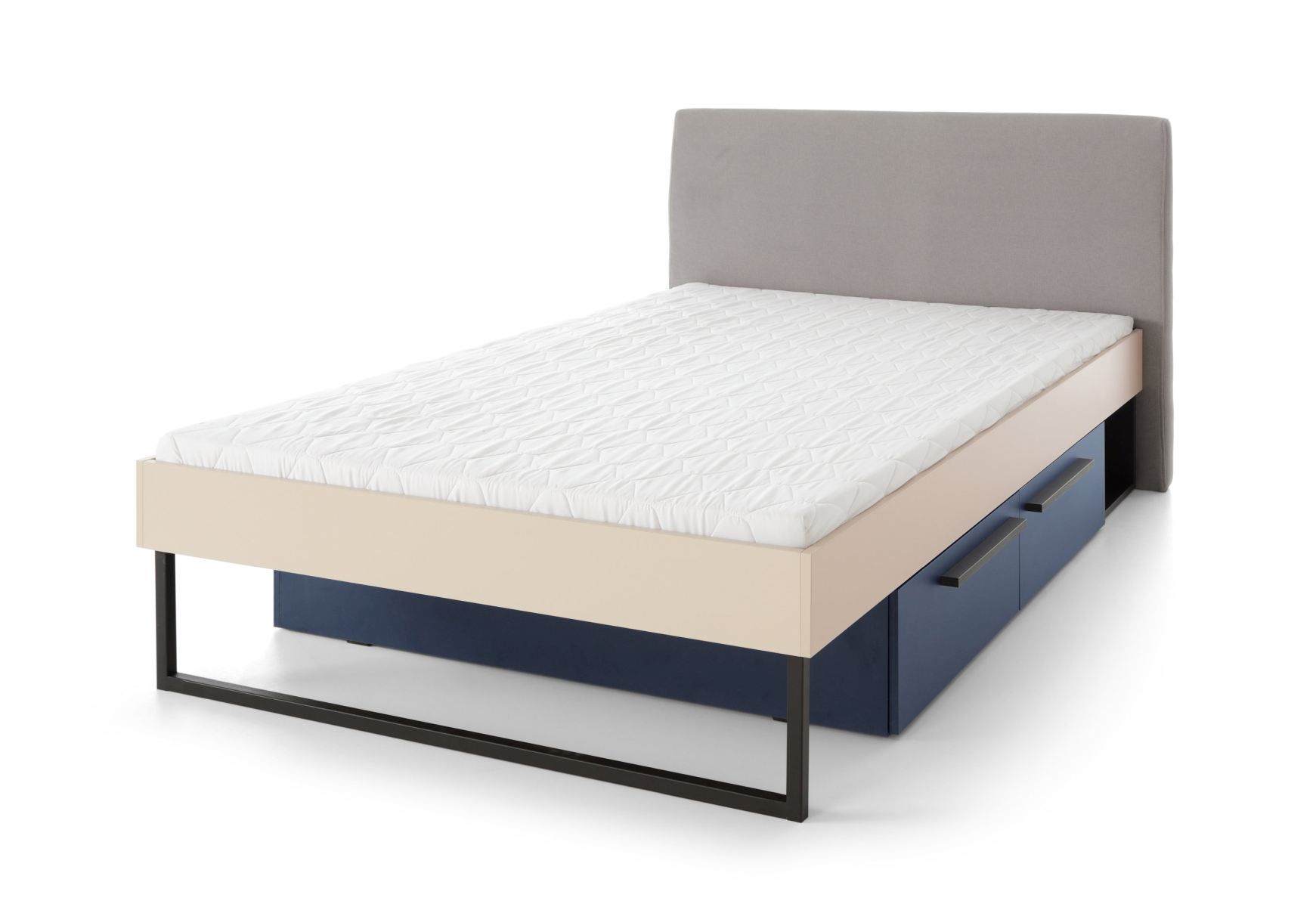 Modern single bed with 2 drawers Authie 13, beige / dark blue, lying surface 120 x 200 cm, ABS edges, comfortable guest bed, perforated panel serves as slatted frame