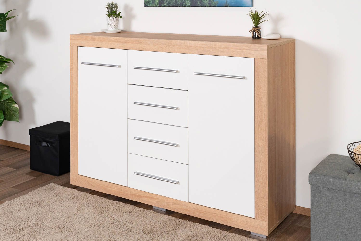 Chest of drawers Madryn 08, color: oak Sonoma / white - 100 x 138 x 40 cm (H x W x D)