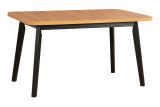 Easily combinable dining table DUJA in black/oak, dimensions 80 x 140/180 (W x D), table top height of 32 mm, laminate top, sturdy wooden legs